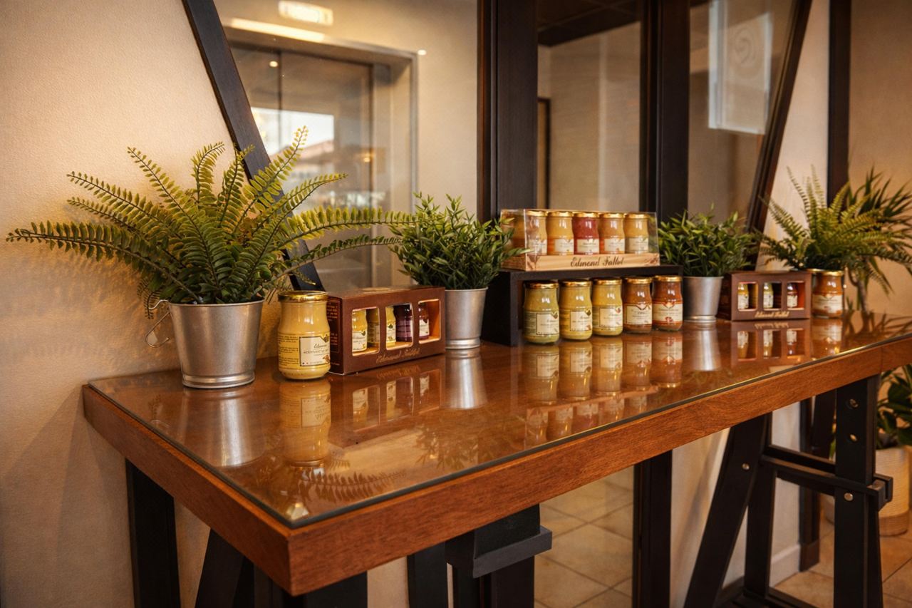Présentoir de pots de moutarde de Bourgogne et de produits régionaux dans le hall de l'hôtel